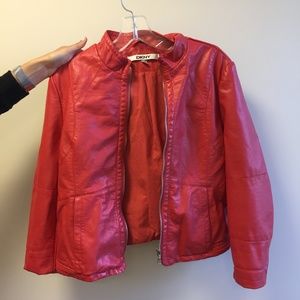 DKNY Faux Leather Jacket in Fire Engine Red